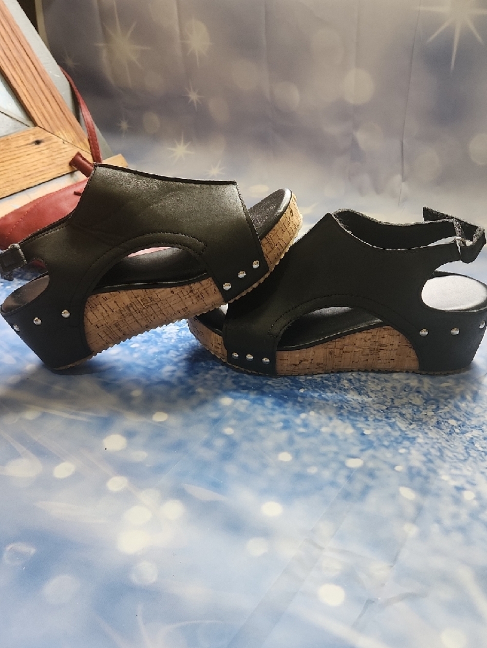 Black Open-Toe Wedge Sandals with Ankle Strap - Picture 8 of 10